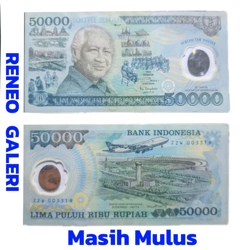 Mulus asli 50.000 Rupiah Suharto mesem Polymer plastik tahun 1993 Rp 50000 Uang kuno duit lama Indon