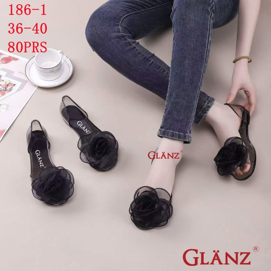 Sandal Jelly Bunga Hitam Elegan Wanita | 186-1 Karet
