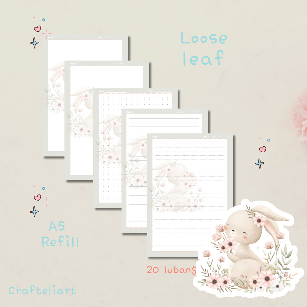 Rabbit with flowers LooseLeaf Ukuran A5 | Refill Isi Binder Notebook | Isi Binder A5 | Isi Binder Ke