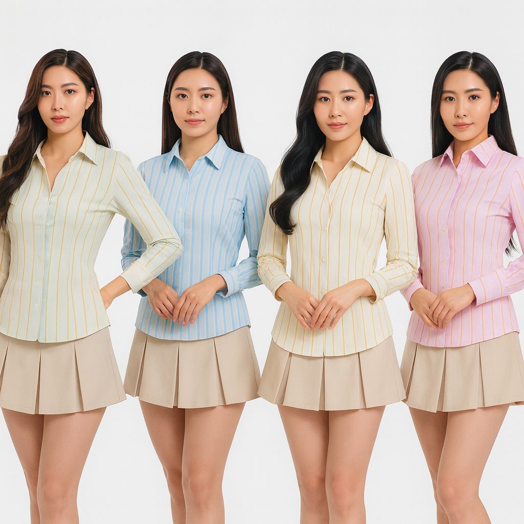 Girl Boss Fitted Shirt - Kemeja Kerja Wanita Fit Body Garis Stripe Karet Belakang Lembut Pink Hijau 