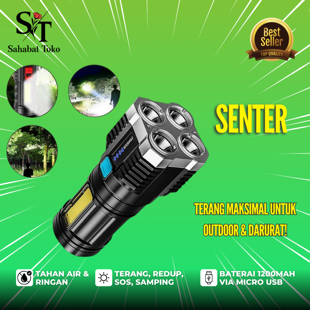 senter led 4 mata 4 mode cob light rechargeable waterproof fast charging super terang jarak jauh sen