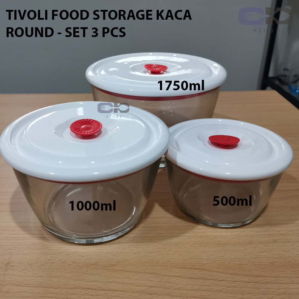 Toples Kaca - Toples Kaca Kedap Udara - Tivoli Round Food Container Tempered Glass Storage Set 3 Pcs