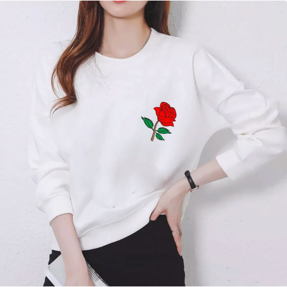 Kaos Atasan Lengan Panjang Wanita Dewasa Motif Mawar Wanita Trendy Kekinian Kaos Long Sleeve Crewnec