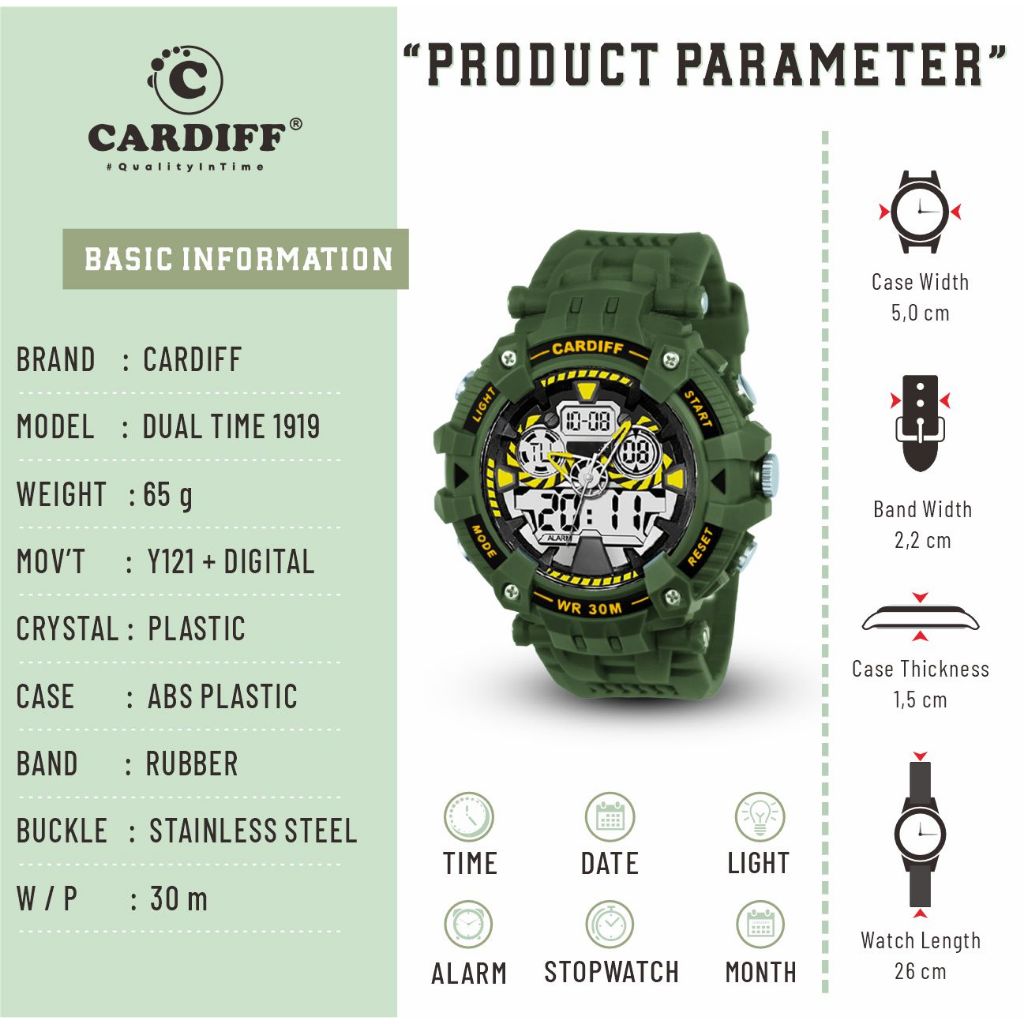 CARDIFF Dualtime Karet 1919 Series Jam Tangan Sport Pria | Tahan air 3atm