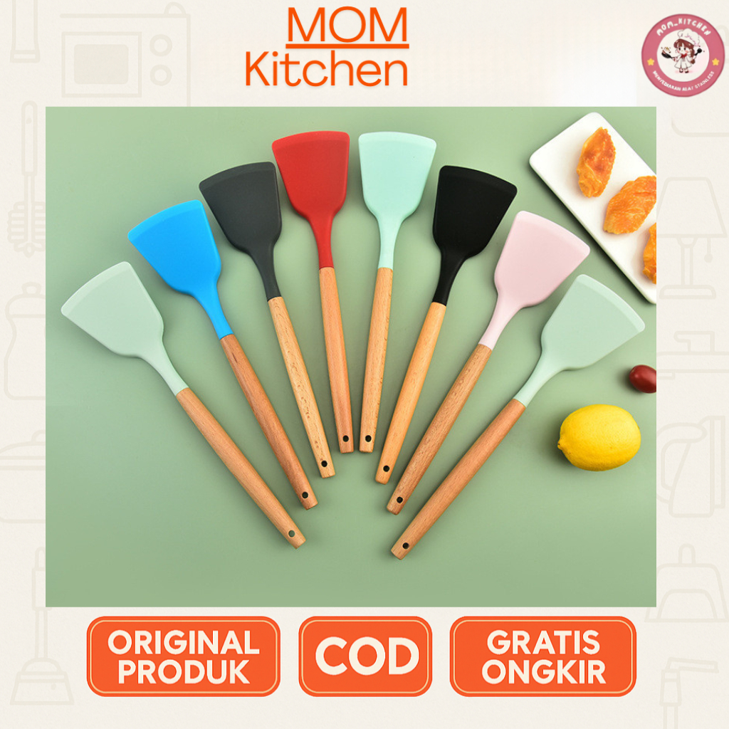 Spatula Silikon Gagang Kayu Tahan Panas Sutil Silikon Tahan Panas