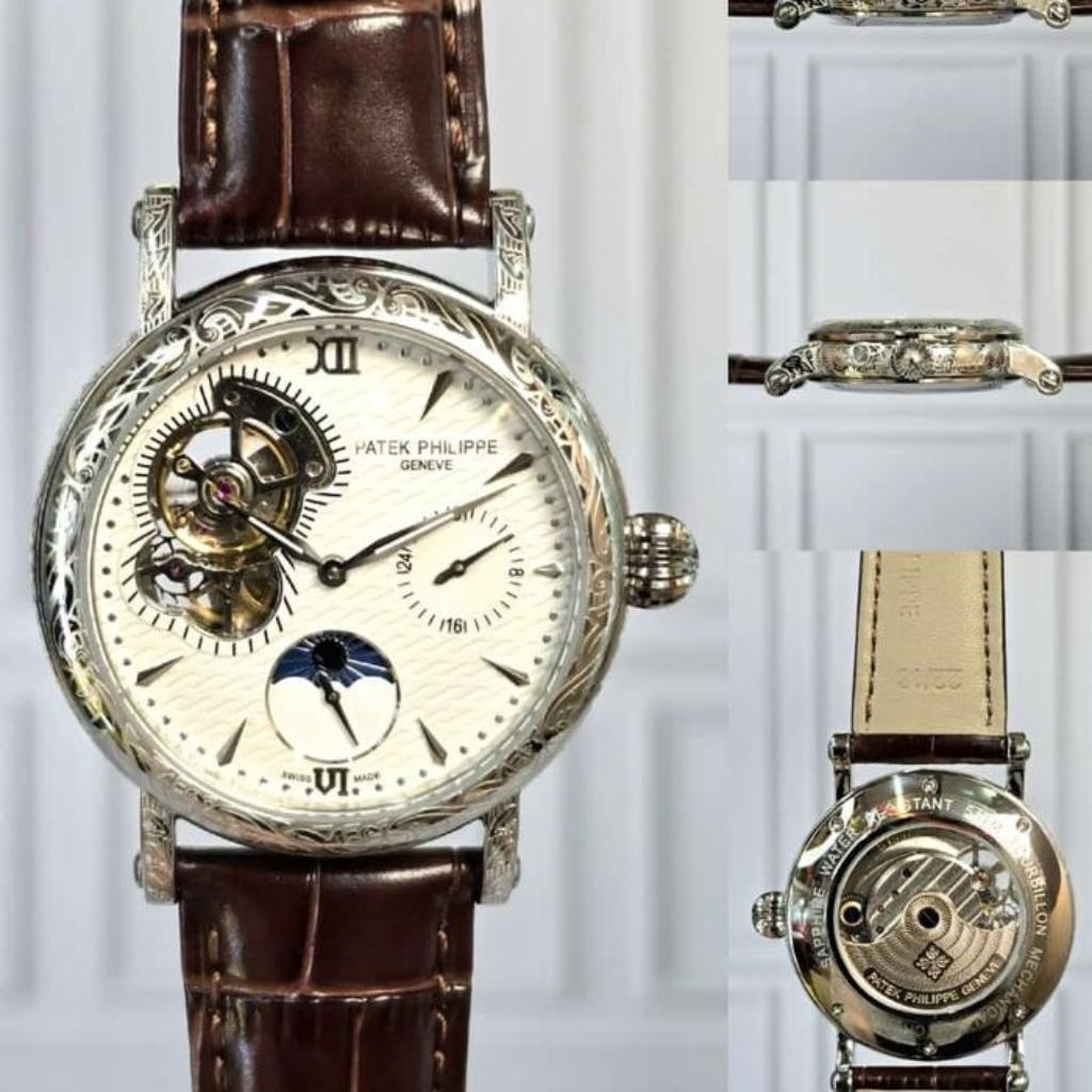 JAM TANGAN PRIA PP/PAT3K PH1L1PPE TATTO MOONPHASE AUTOMATIC MOVEMENT 42MM BROWN DIAL WHITE