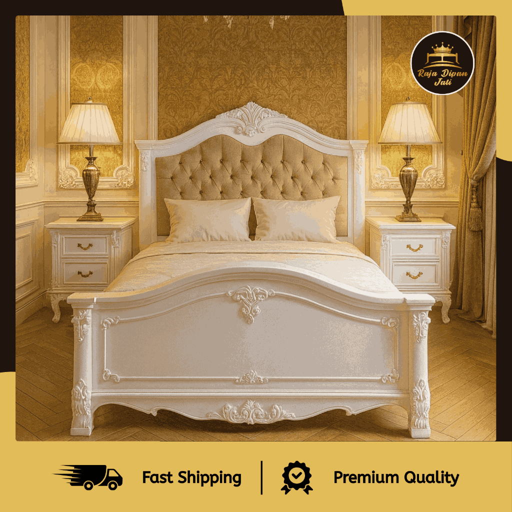 Dipan Ukir Jati Duco Putih Dipan Kasur Mewah Tempat Tidur Divan Ranjang Sandaran Headboard