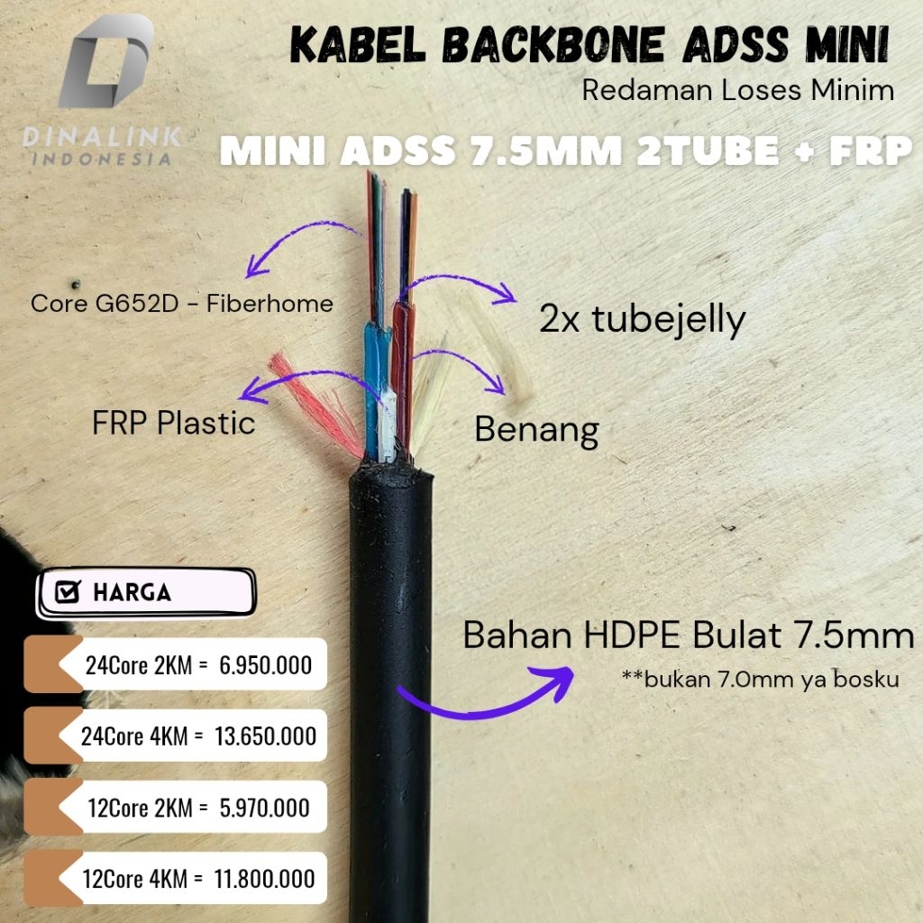 DINALINK KABEL FO KU ADSS MINI 24CORE 12CORE 2-TUBE