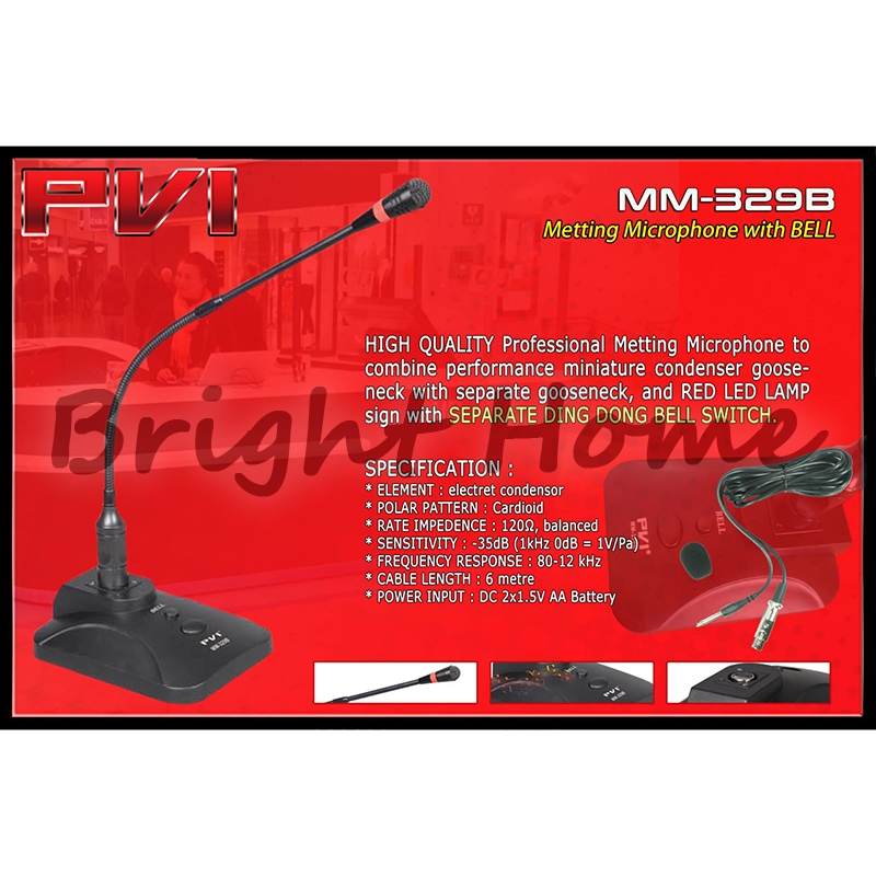 PVI MM-329B MM329B Mic Meeting dengan Bell Ding Dong Microphone Podium Mikrofon Meja Kabel 5 Meter