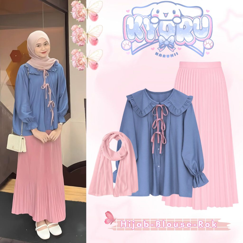 Setelan Wanita Remaja Korean Look (Pasmina Soft Pink - Blouse Katun Linen Biru - Rok Plisket Hyget P