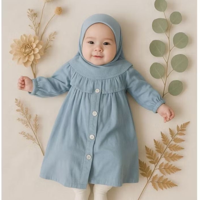 Set Gamis Muslim Bayi Perempuan Usia 0 - 12 Bulan Gamis bayi New Born Free Hijab Lucu