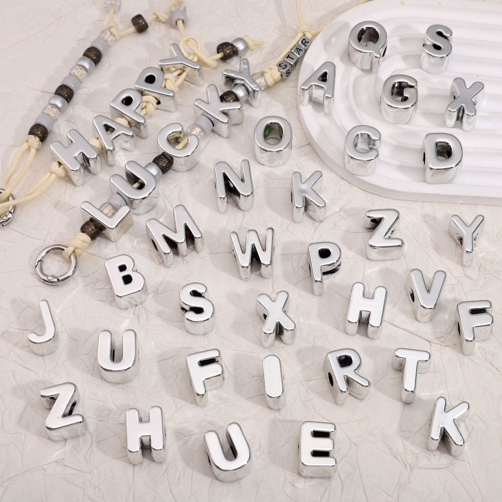 [Pilih Huruf] 1 Buah Manik-Manik Luxury ABJAD ALFABET 3D LUBANG BESAR SILVER/PERAK - City Beads