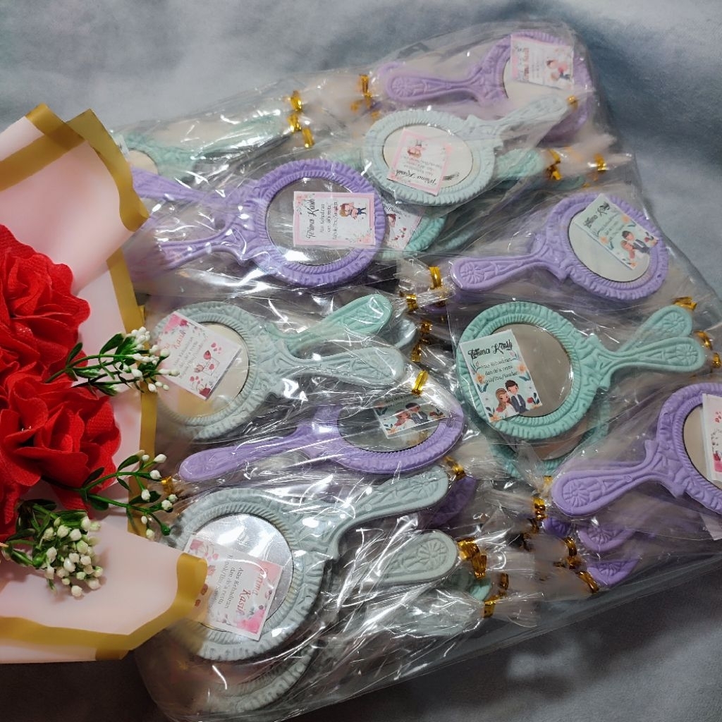 Souvenir Pernikahan Kaca Cermin pelangi plastik cantik Gagang Bulat bonus kartu ucapan terimakasih i