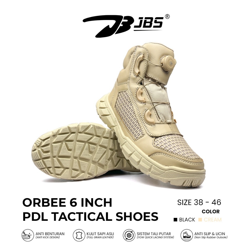 Sepatu PDH JBS ORBEE 6" Cream YOW Lacing System Gurun Sepatu Tactical PDH Tali Putar