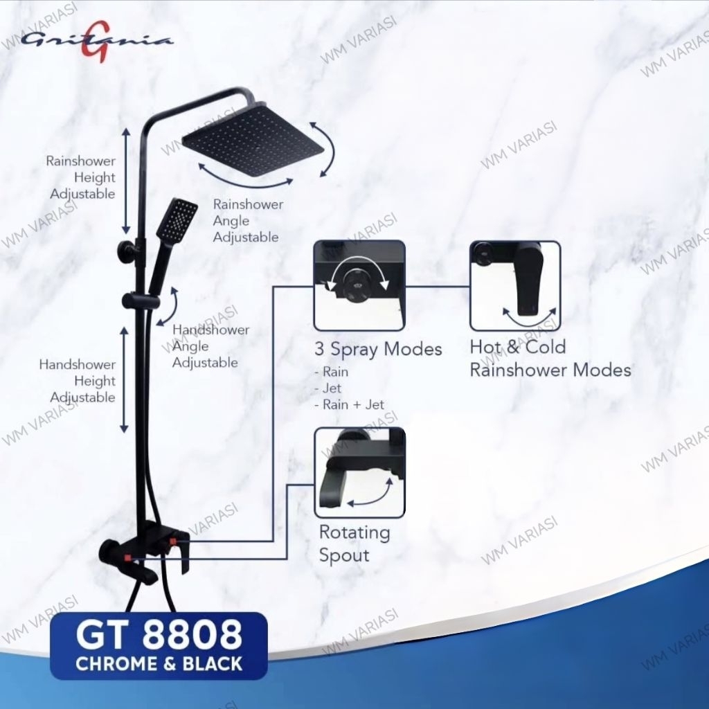 Shower Mandi Column Tiang Gritania Panas Dingin Hitam Kotak Shower Set