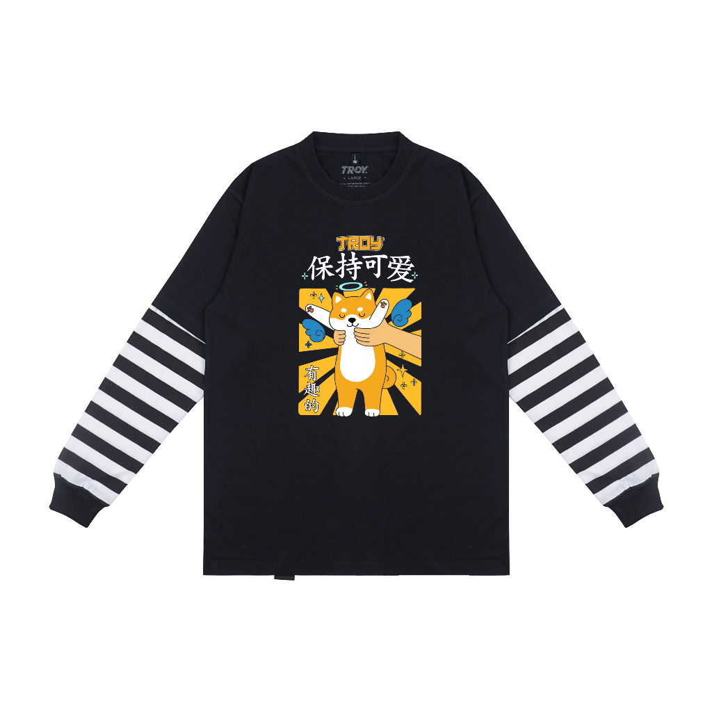 Troy Company Double Sleeve Longsleeve Black Stripe Angel Shiba - Kaos Lengan Panjang Kaos Hitam Stripe DSD 3335