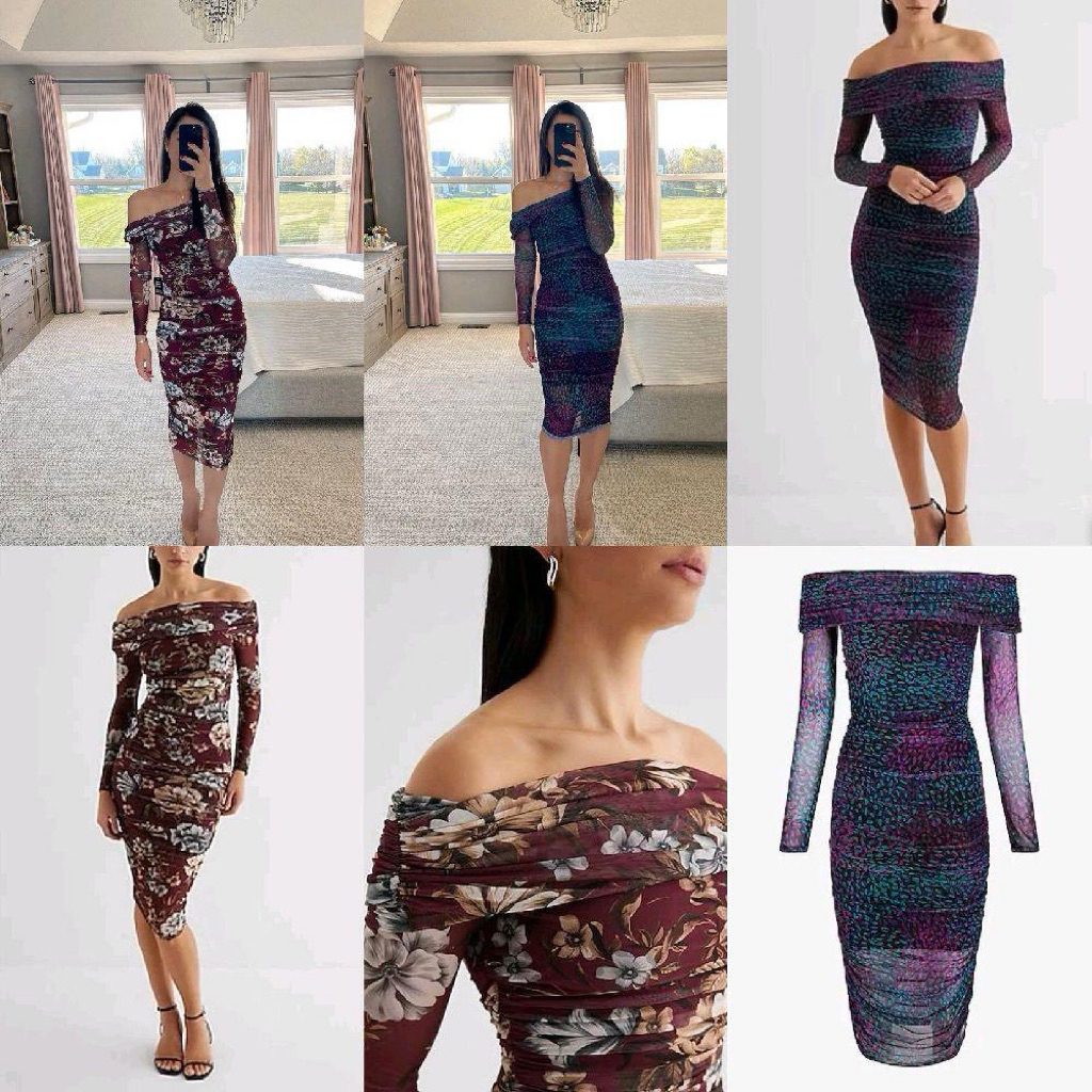 Express Cocktail & Party Body Contour Mesh Floral Off The Shoulder Ruched Midi Dress (40-3)