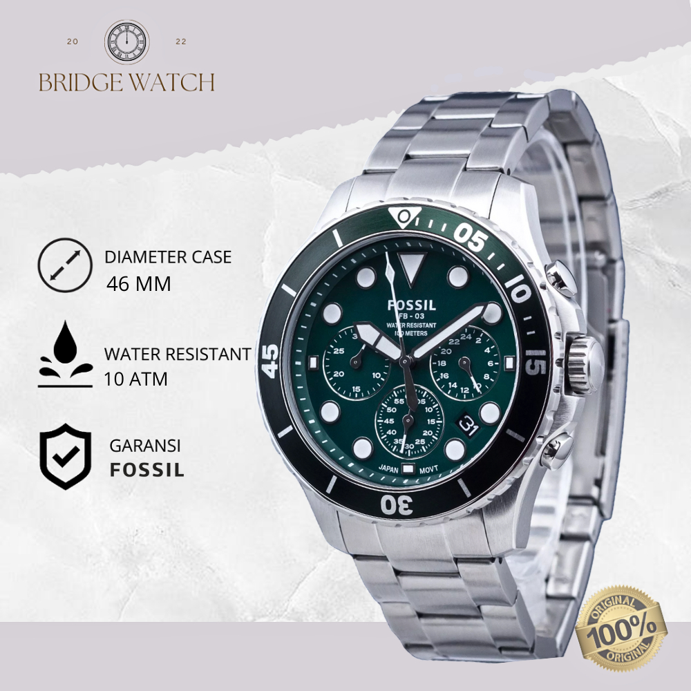 Jam Tangan Fossil Pria FS5726 FB-03 Green Dial Chronograph Silver Stainless Steel Strap Mewah Sporty