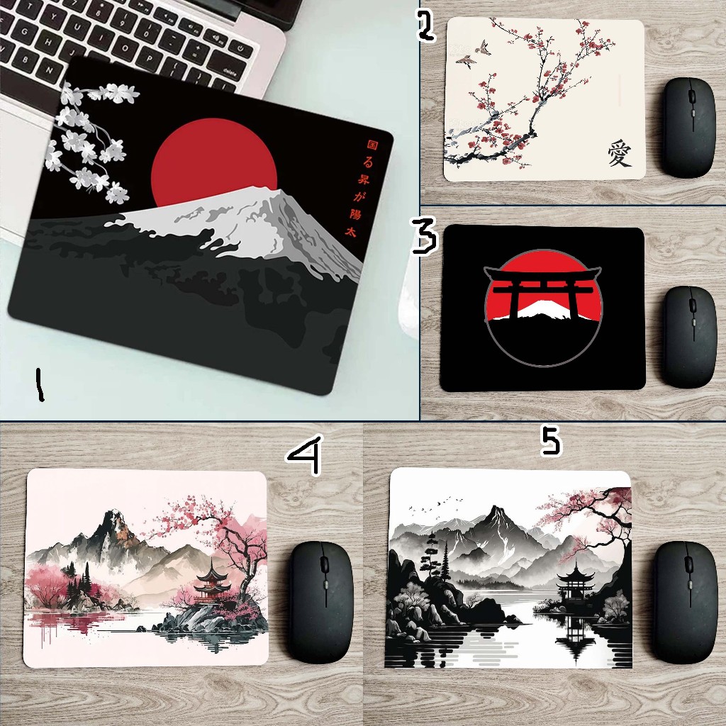 Mouse Pad Motif Jepang, Pemandangan Sketsa Anti-slip Rubber Mousepad