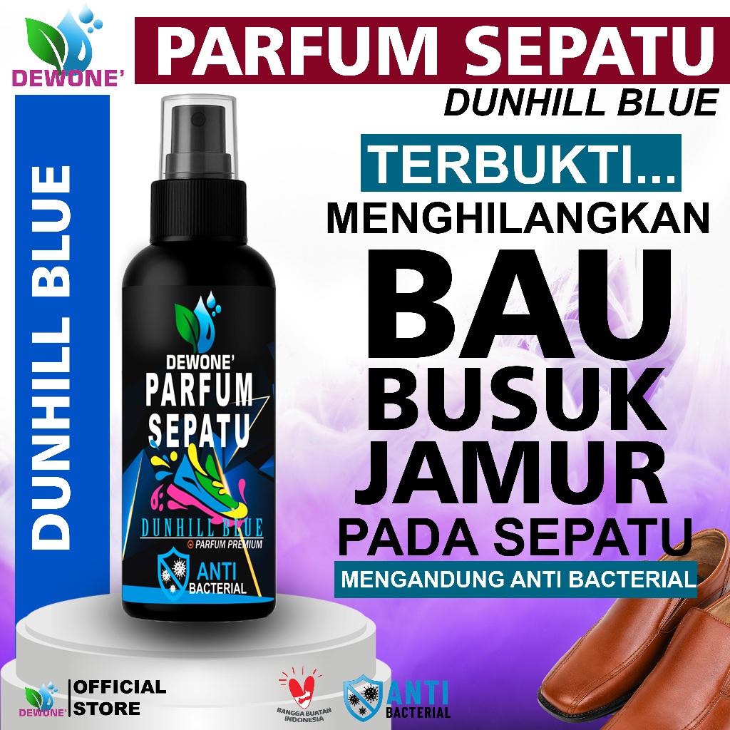 DEWONE' Penghilang Bau Sepatu & Helm Spray Antibakteri aroma DUNHILL BLUE–Parfum Sepatu 60ml/100ml