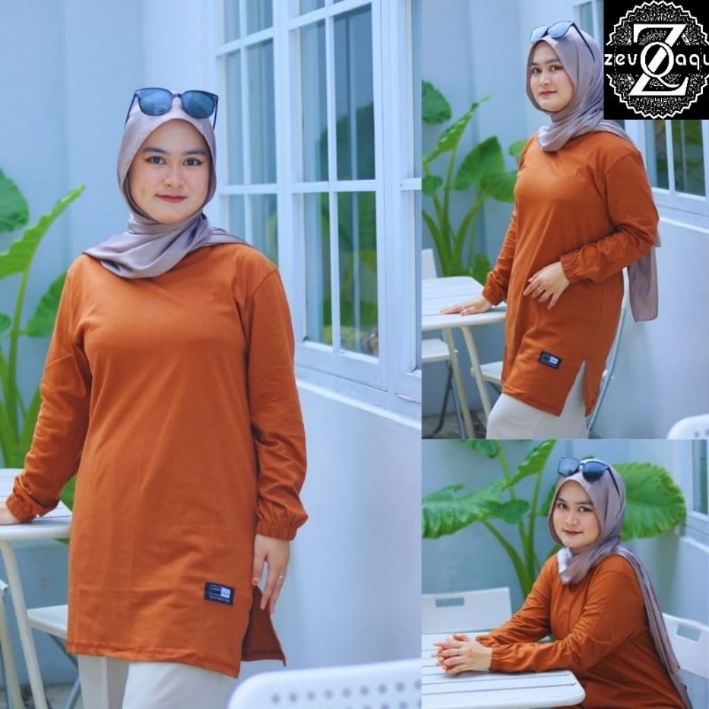 Atasan Kaos Tunik Zevaqu original warna Moka Seragaman Kaos Tunik polos wanita lengan panjang katun
