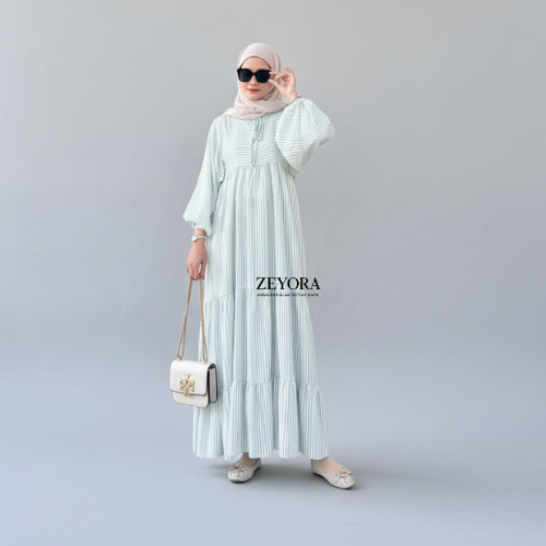 Lily Dress Gamis Muslimah Casual Kekinian Motif Garis Lengan Balon