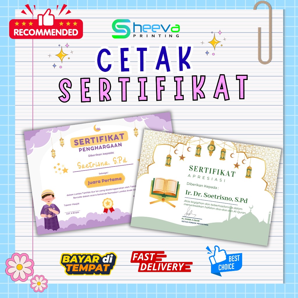Sheevaprinting - Jasa Cetak Sertifikat / Piagam Penghargaan Ukuran A4 | Ketas Concorde 220 gsm | Ker