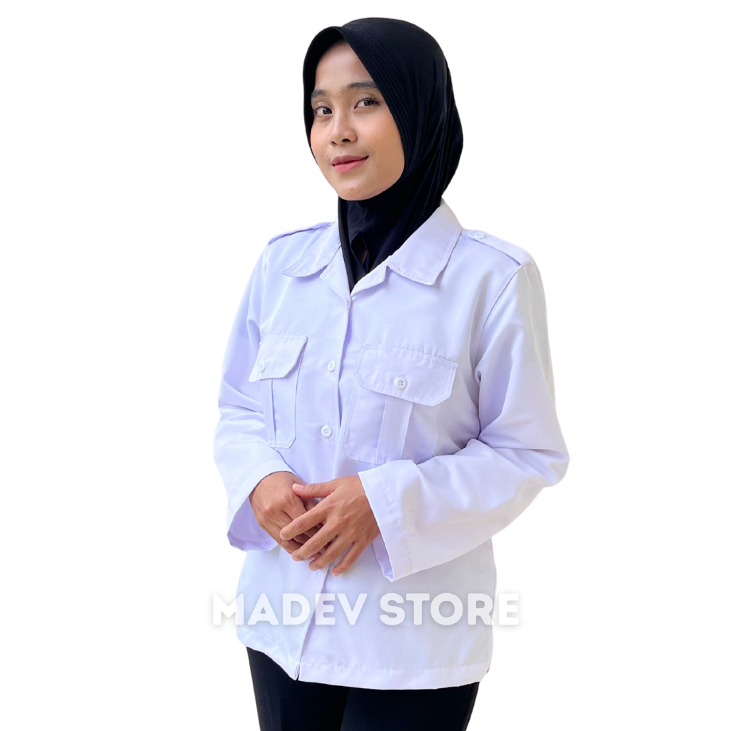 MADEV - Kemeja PDH Dinas Putih Wanita Seragam PNS Kerah Blazer Bahan Lentur Lembut & Tidak Nerawang