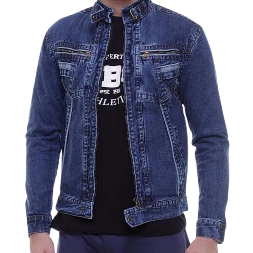 Jaket Jeans Resleting Pria Zipper Biowash Jumbo M L XL XXL XXXL