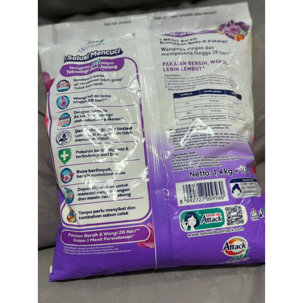 sabun cuci Attack Jazz1 + Softener Purple Blossom