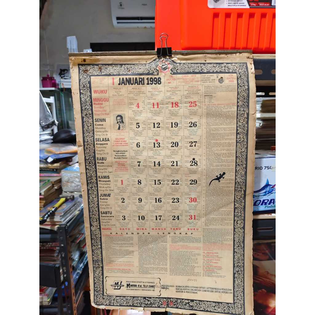 KOLEKSI LANGKA KALENDER JADUL KALENDER TAHUN 1998 WETON LENGKAP BALI