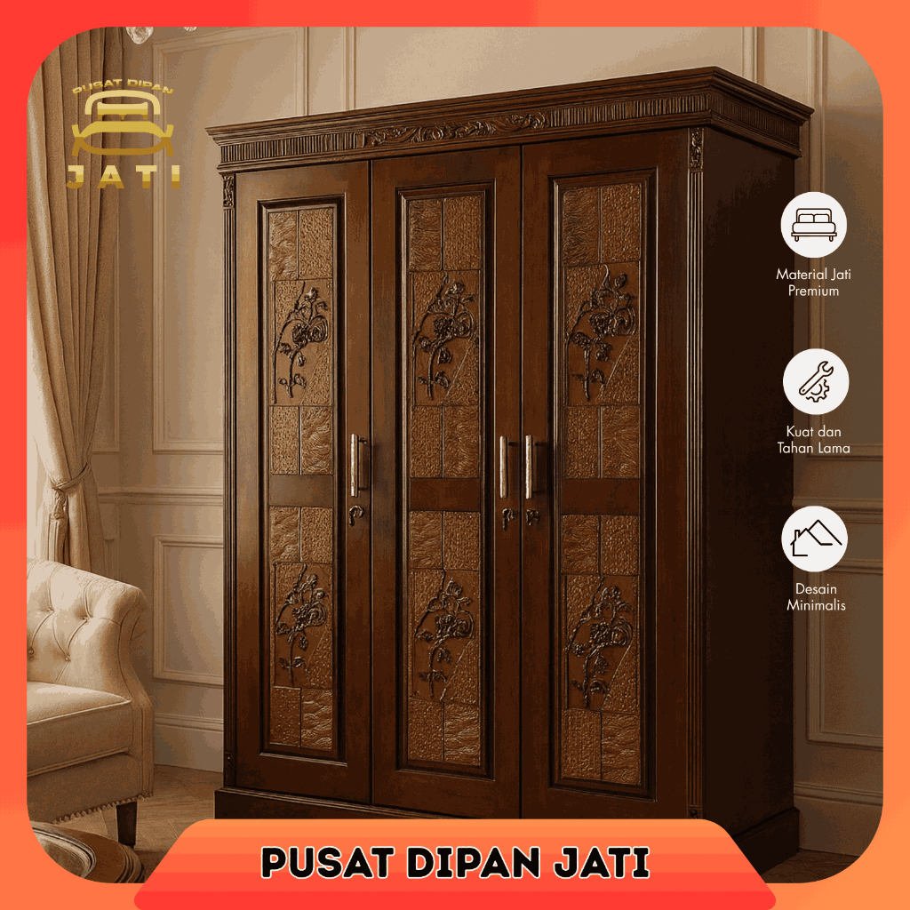 Lemari 3 Pintu Ukiran Kayu Jati Jepara Bukaan Engsel Almari Pakaian Pintu Ukir Jati Jumbo Standar