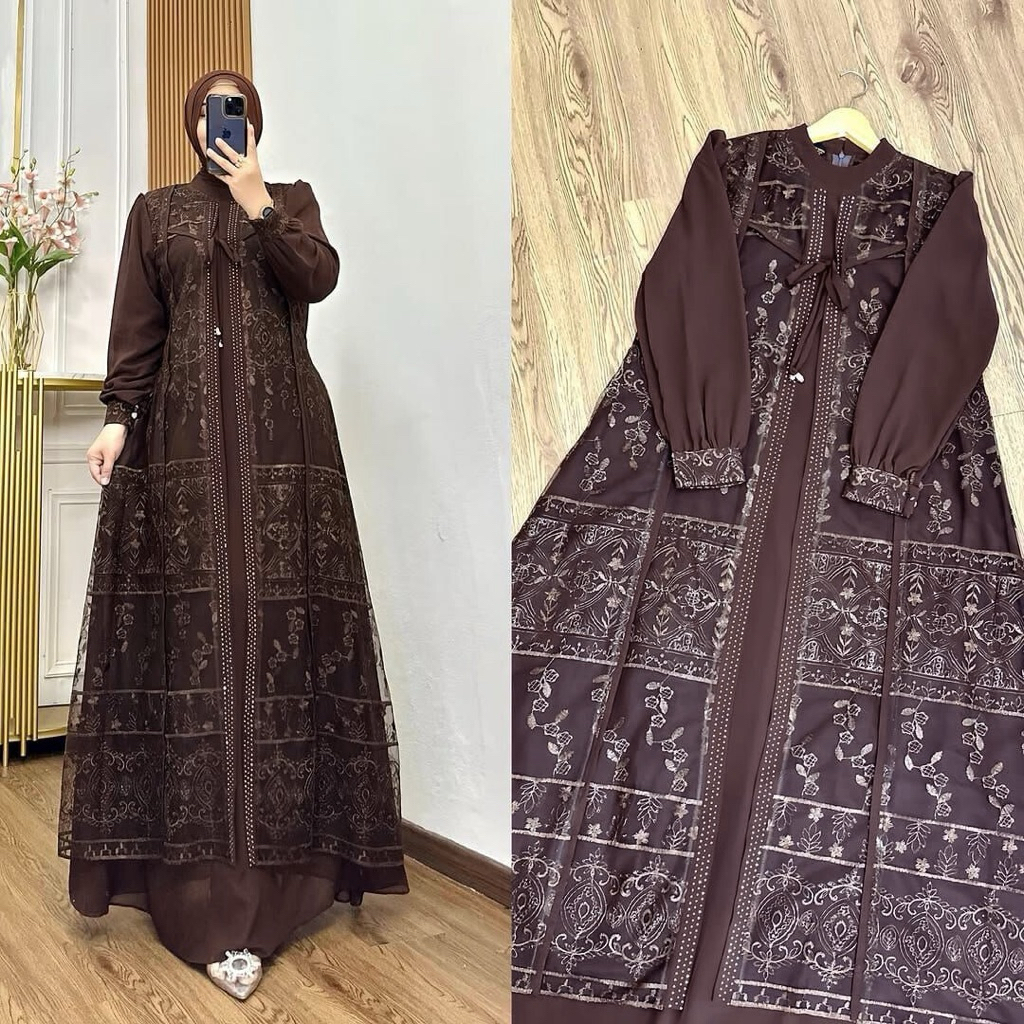 Gamis pesta kondangan Brukat Davina Dress Bahan Ceruty Baby Doll Gamis Lebaran Model Gamis Terbaru k