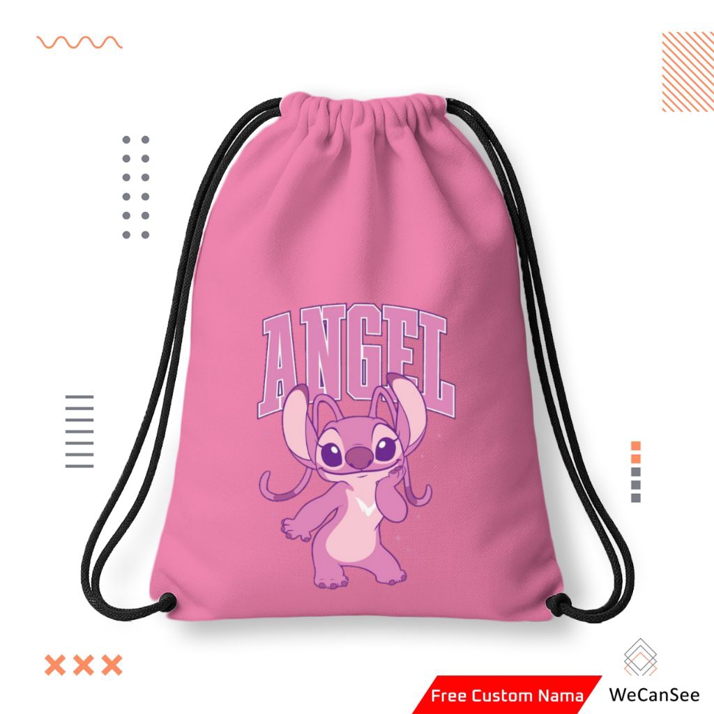 Tas Serut | Tas Serut Anak | Tas Serut Anak Angel Stitch Custom Nama | Stringbag | Tas Serut Custom 