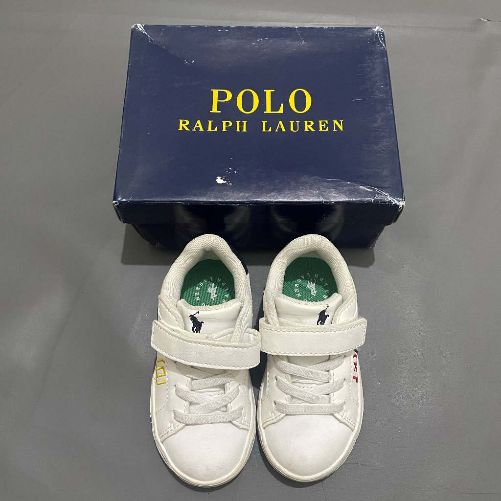 ANAK K456 (POLO RALPH LAUREN ORI, PRELOVED) Sepatu Heritage IIG Faux Leather Trainer Sneakers Velcro