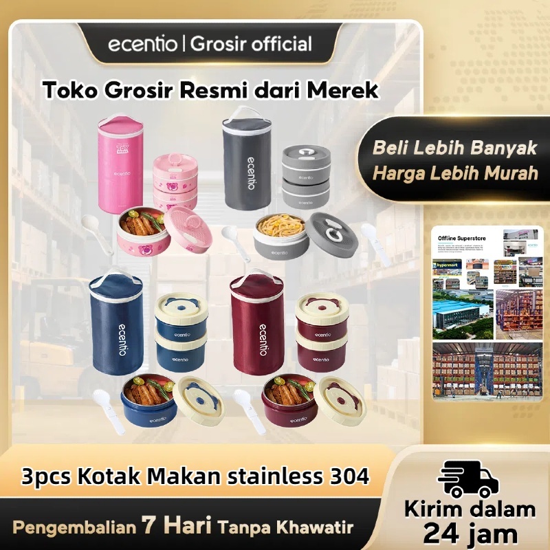 [Diskon 70%]Ecentio tempat makan stainless anti tumpah lunch box set 3pcs 400ml+400m+600ml anak Kota