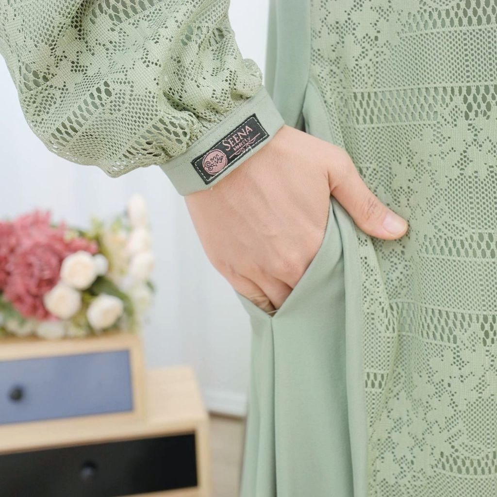 𝗥𝗘𝗔𝗟 𝗣𝗜𝗖𝗧 - gamis brukat sage brukat remaja seragaman keluarga sage ori Brand SEENA MODESTY