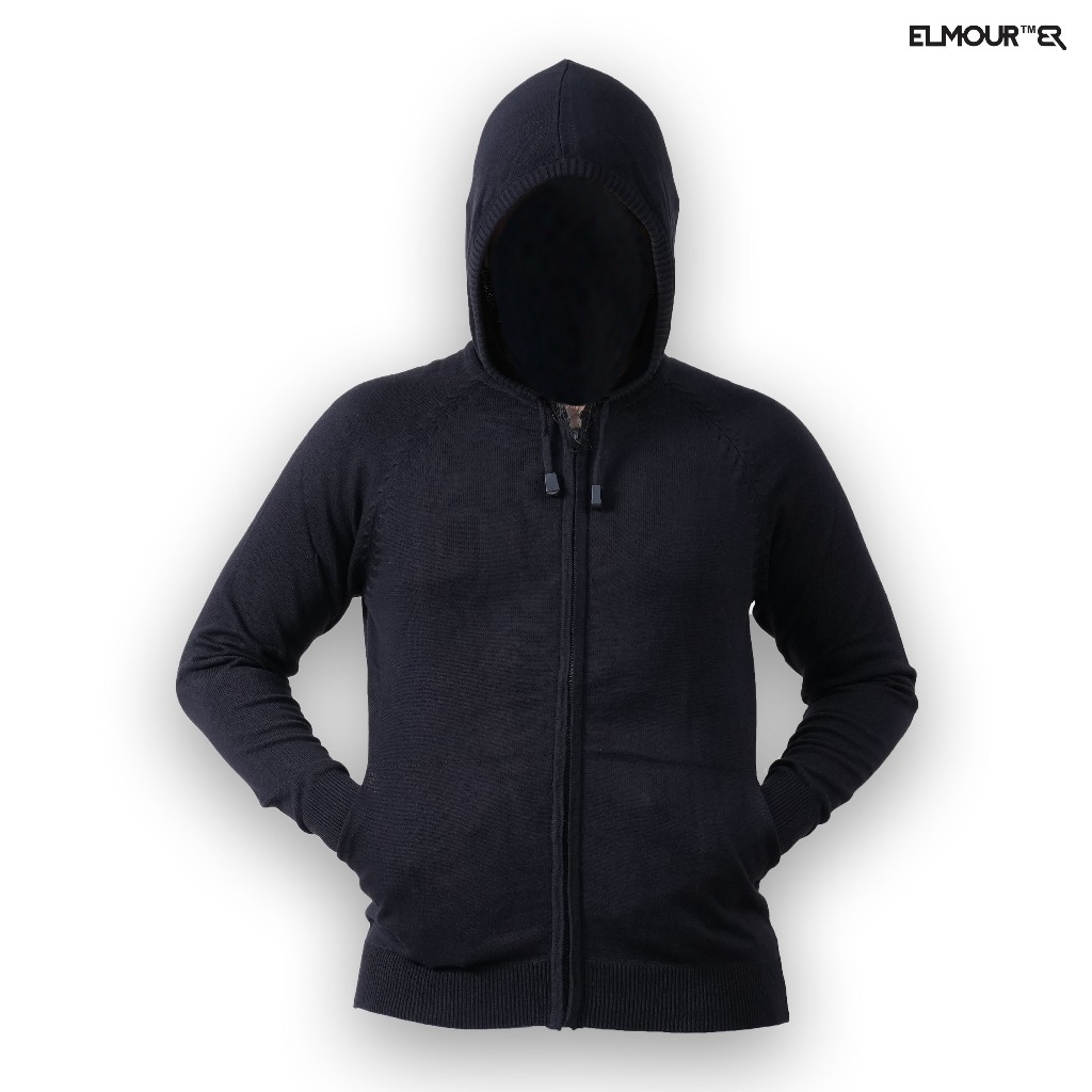 Elmour sweater rajut  hoodie ritsleting  pria black bahan katun knite wear tidak tebal simple series