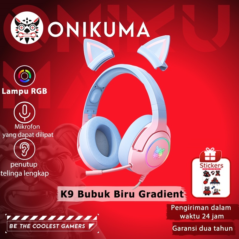 ONIKUMA K9 Kucing Telinga Headphone Headset Gaming Kabel dengan Mikrofon Gadis Lucu Biru Pink
