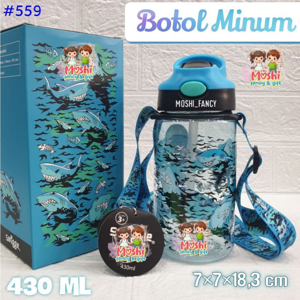 Botol Minum 430 ml dan Tali Panjang motif Shark/ Tempat Minum Motif Shark / Botol Minum Tali Anak  L