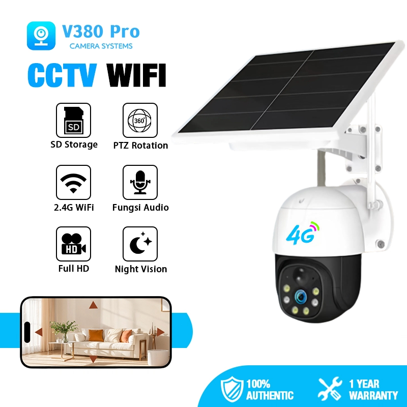 V380 Pro 4G Outdoor CCTV Solar Tenaga Surya Full HD Wireless Wifi Two Way Audio PTZ View IP Kamera