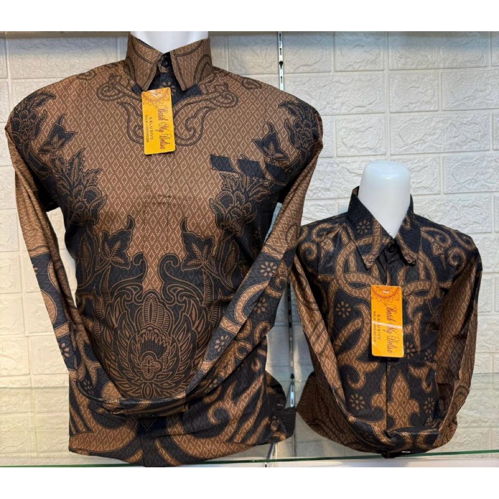 Baju batik coklat lepis furing couple ayah dan anak // Batik etnik semi formal // Batik cakra coklat
