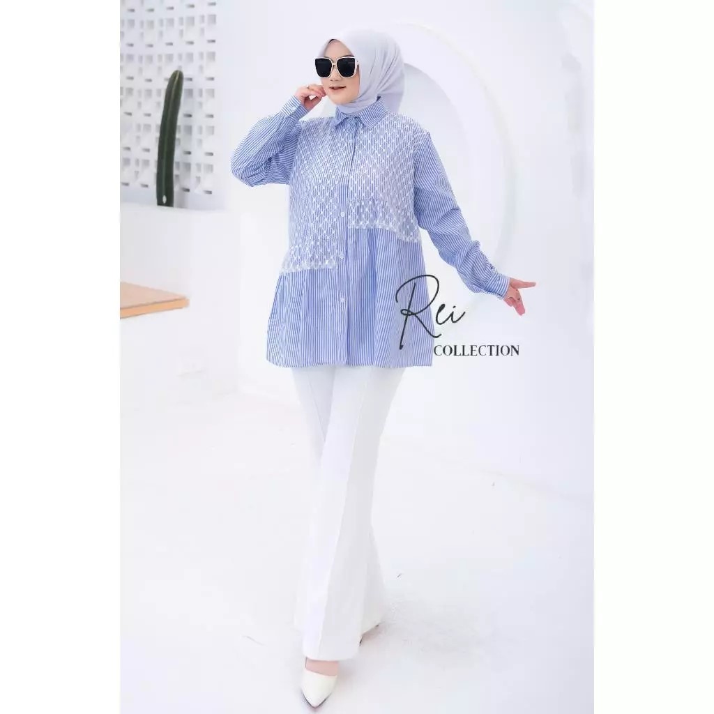 Modelline Store - Atasan Kemeja Blouse Oversize Salur Cotton Zara Mix Brukat Mahalini Premium