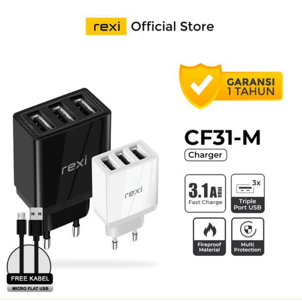 Rexi CF31-Mx Charger Micro 3.1A Fast Charging 3 USB With Cable 1M CF31m