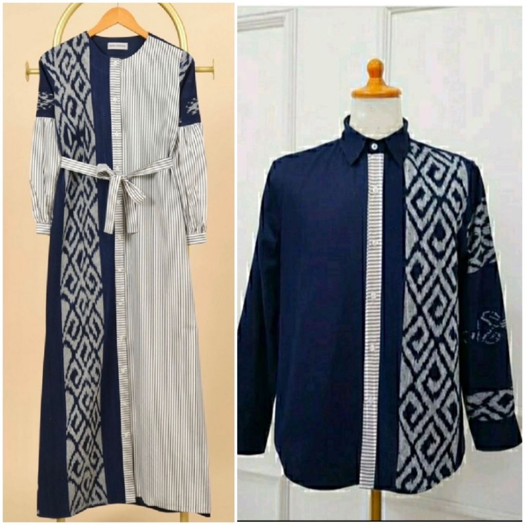 Long dress Couple tenun kombinasi lurik,Gamis tenun couple kombinasi