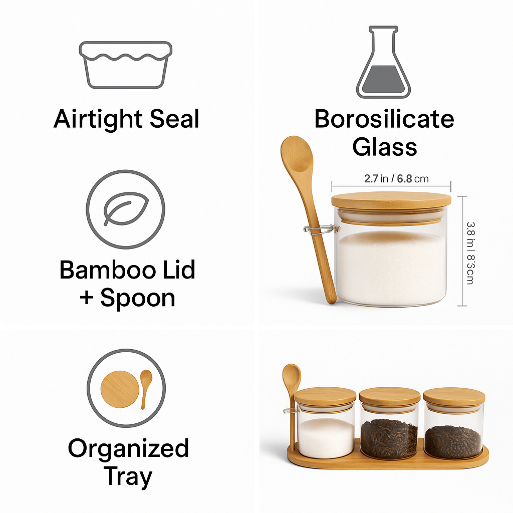 Toples Bumbu Kaca Borosilicate Set 3 dengan Tutup Bambu + Sendok & Nampan Organizer Dapur Airtight K