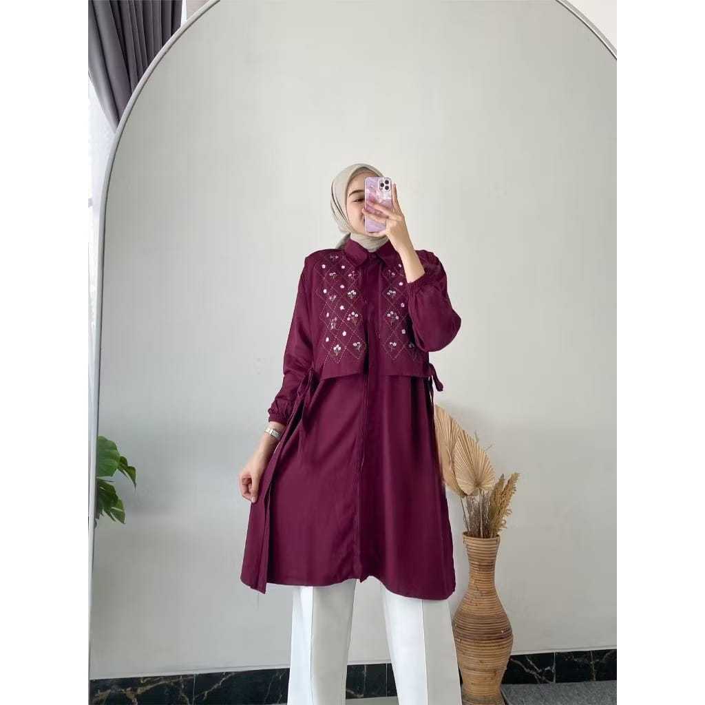 Tunik bordir tali samping | atasan tunik remaja lengan panjang | midi busui premium | atasan rayon