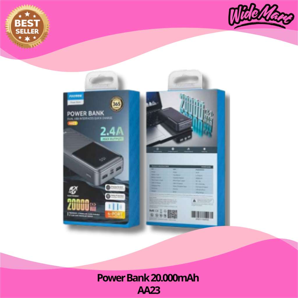 Foomee Black Powerbank Display Screen 20000 mAh 2.4A Max Dual USB Interfaces / Power Bank 20.000mAh 