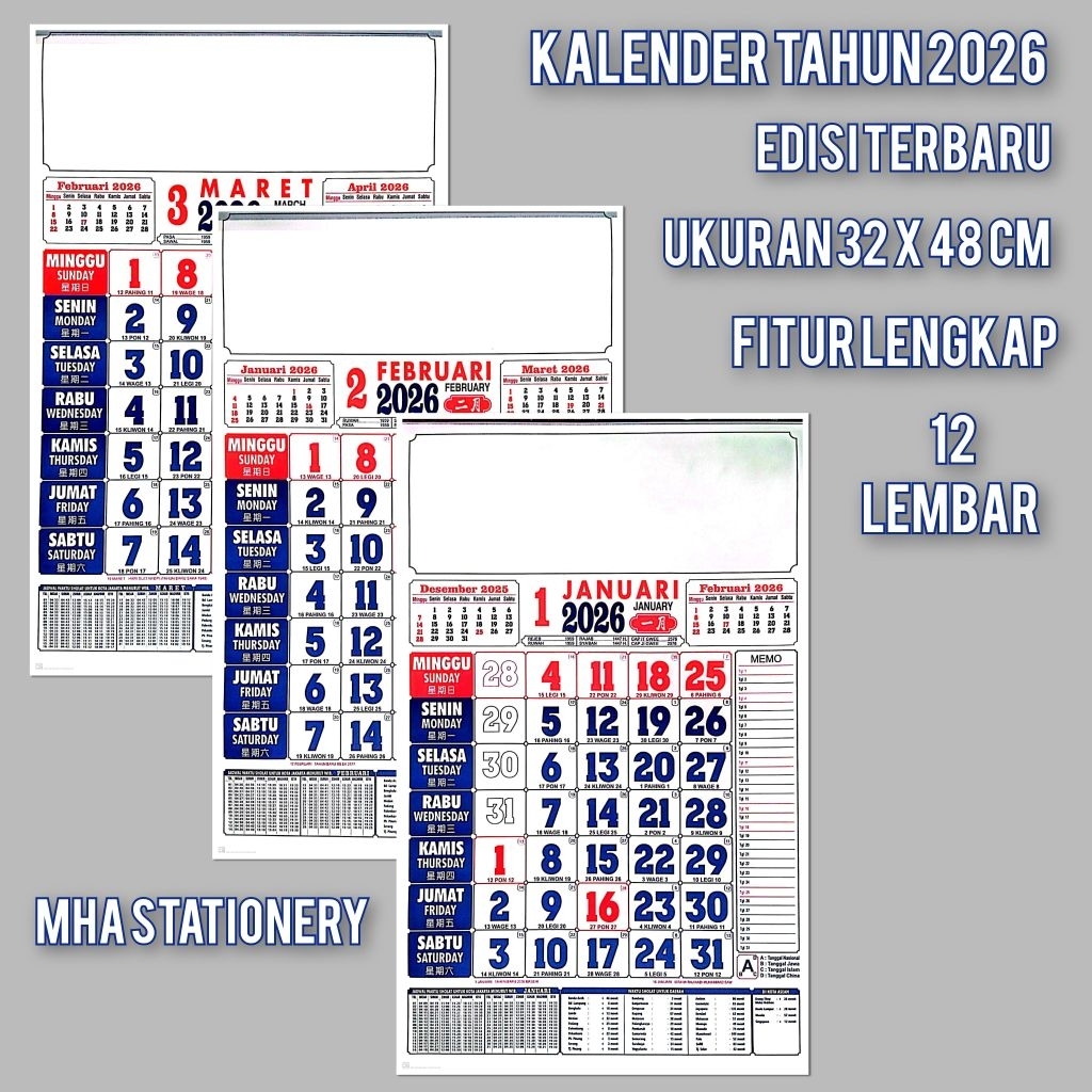Kalender 2026 Terbaru Tanggalan China, Nasional, Islam dan Jawa 12 Lembar Ukuran 32 x 48 Cm - KALEND