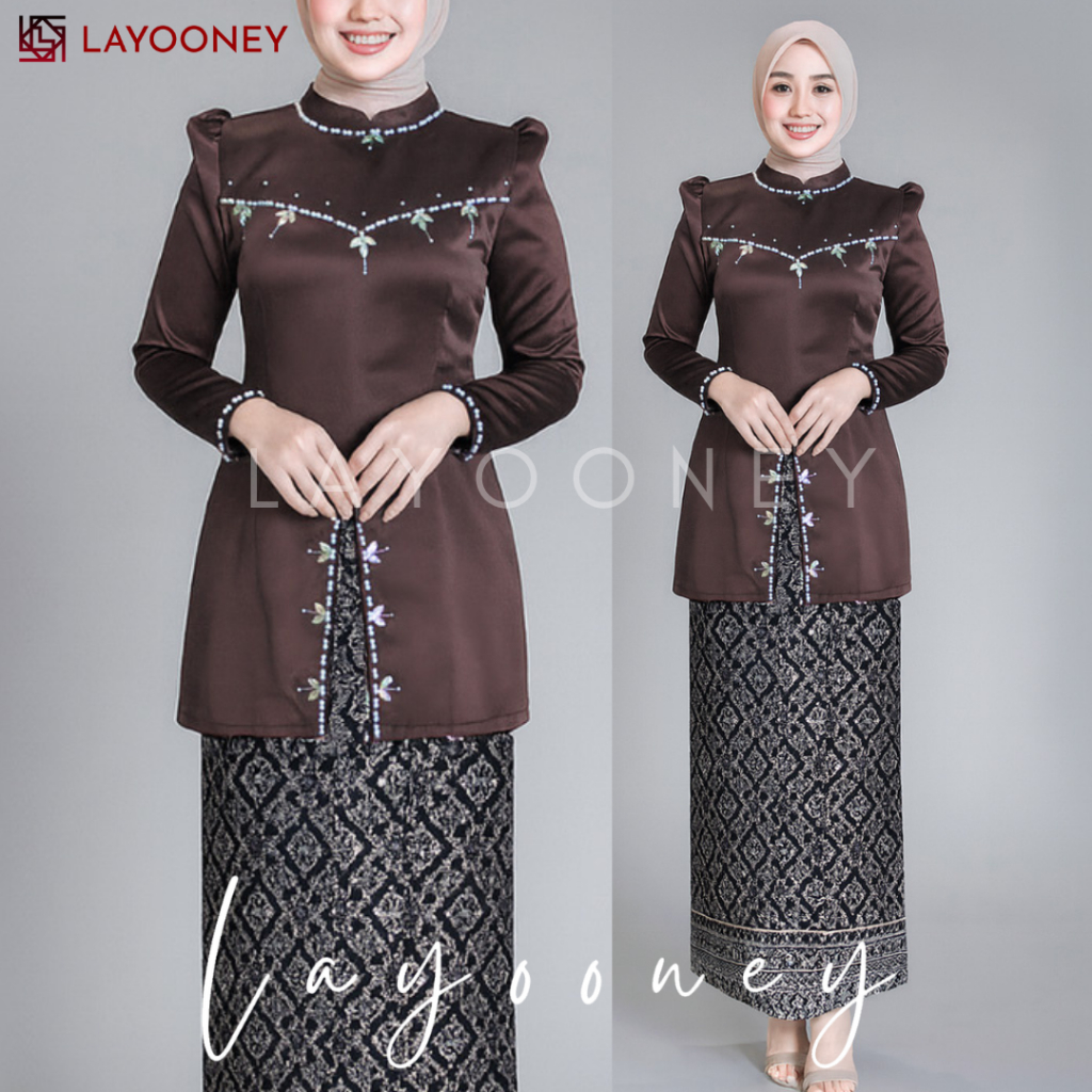 Valeria One Set Setelan Baju Kurung Rok Songket Wanita Melayu Modern Slimfit Kondangan Satin Premium